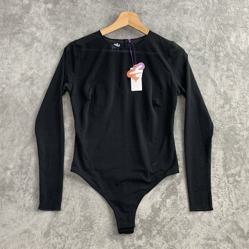 Yitty Bodysuit Womens Medium Mesh Me Smoothing Sleeved Thong Suit Black Top